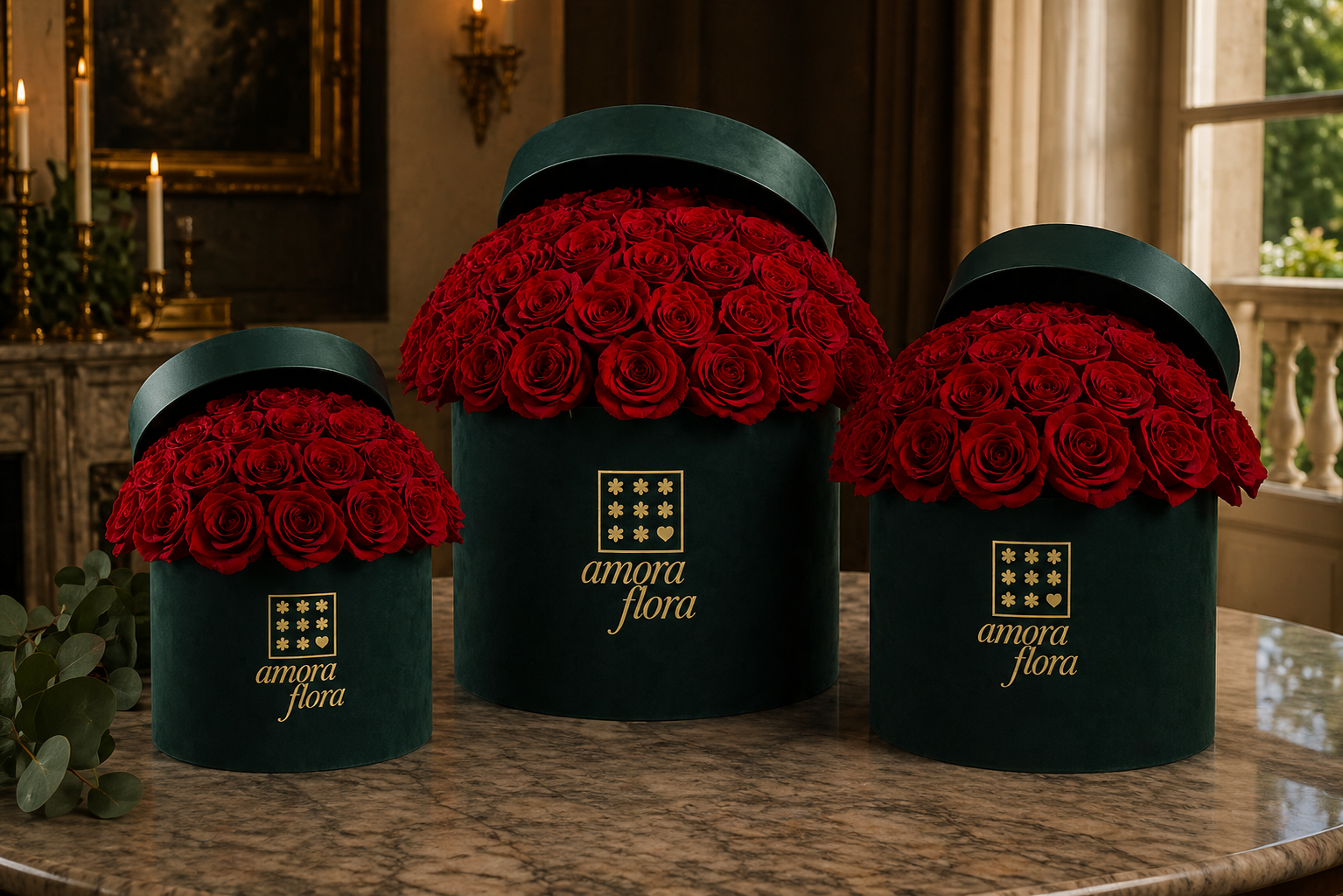 Luxury velvet flower boxes with premium Ecuadorian red roses in small, medium, and large sizes by Amora Flora Miami